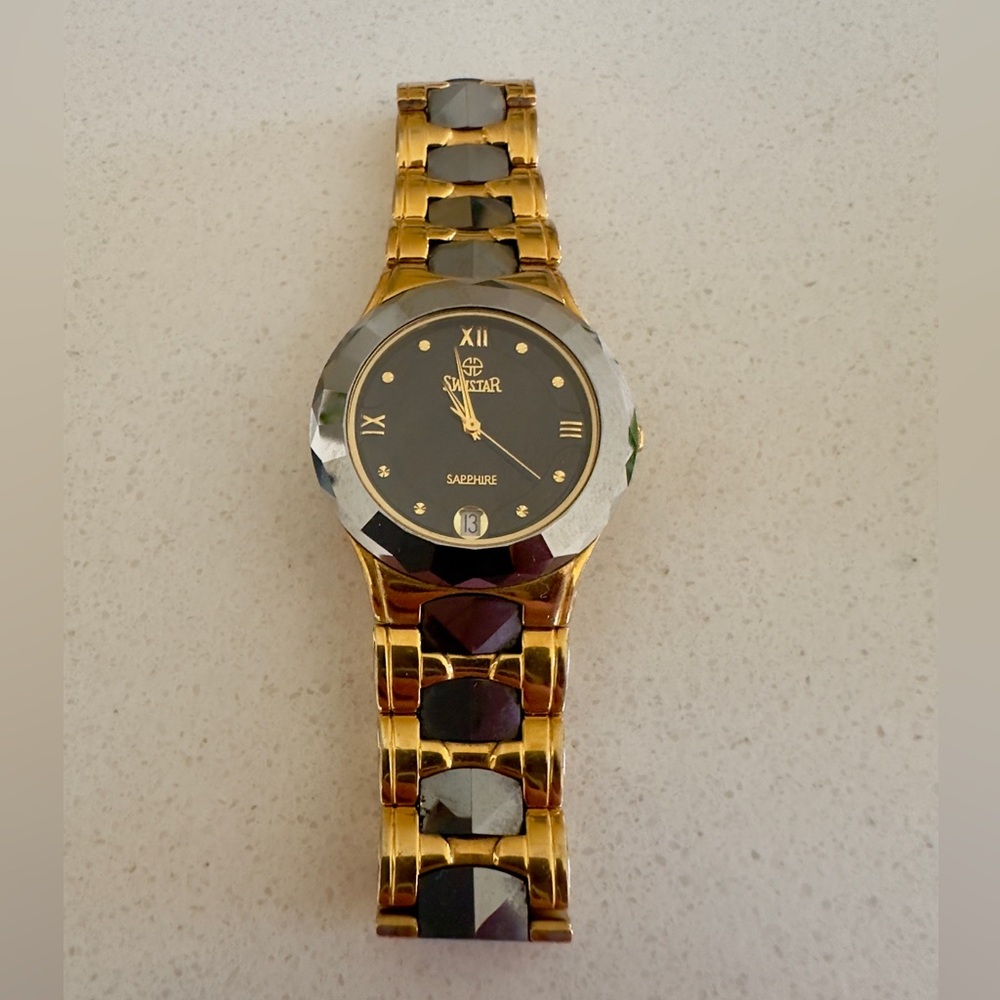 Swistar Vintage 23k Gold Electroplated  Sapphire Crystal Tungsten Case Watch